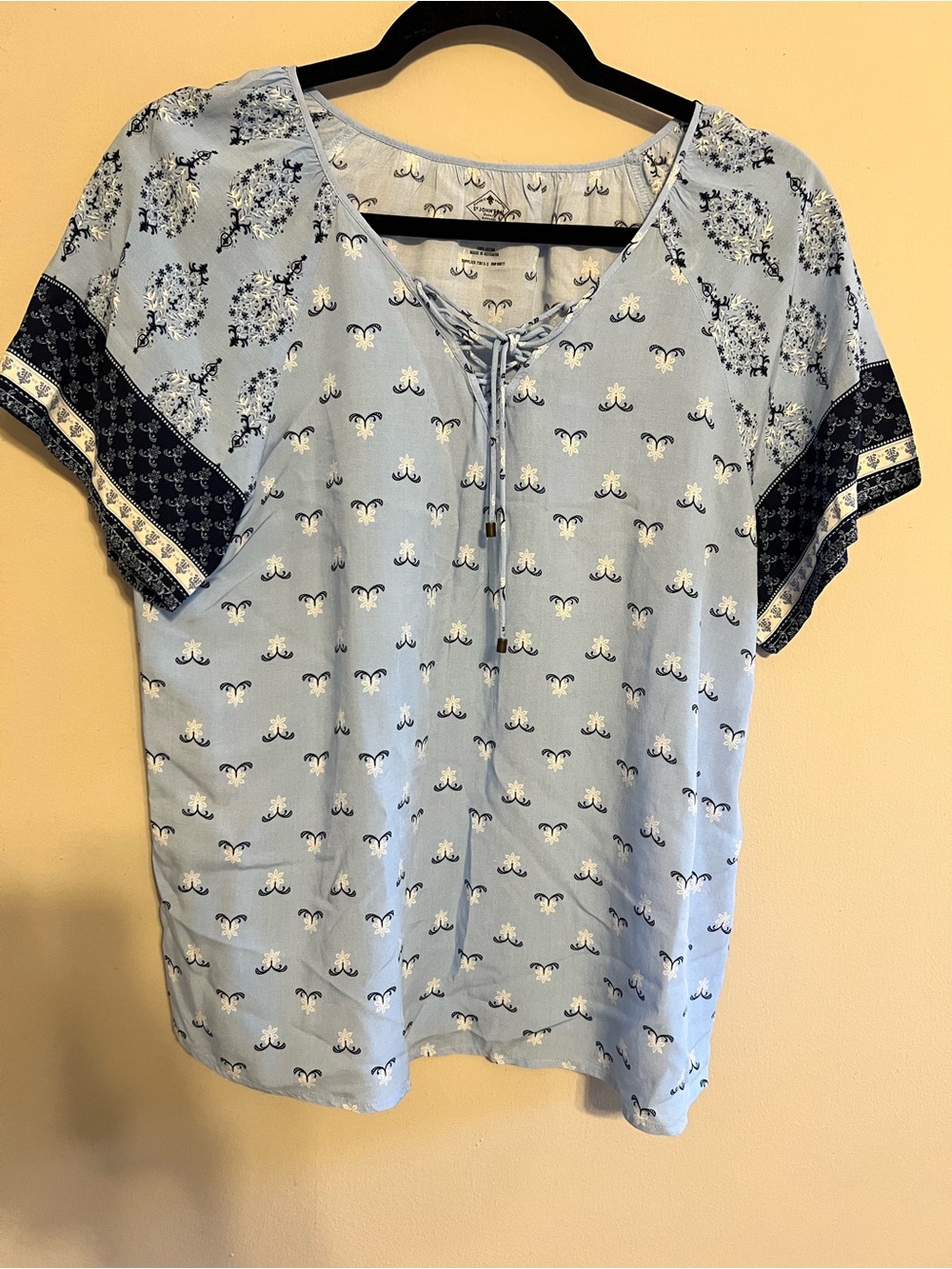 St. John's Bay Light Blue Printed Tie-Front Short Sleeve Blouse